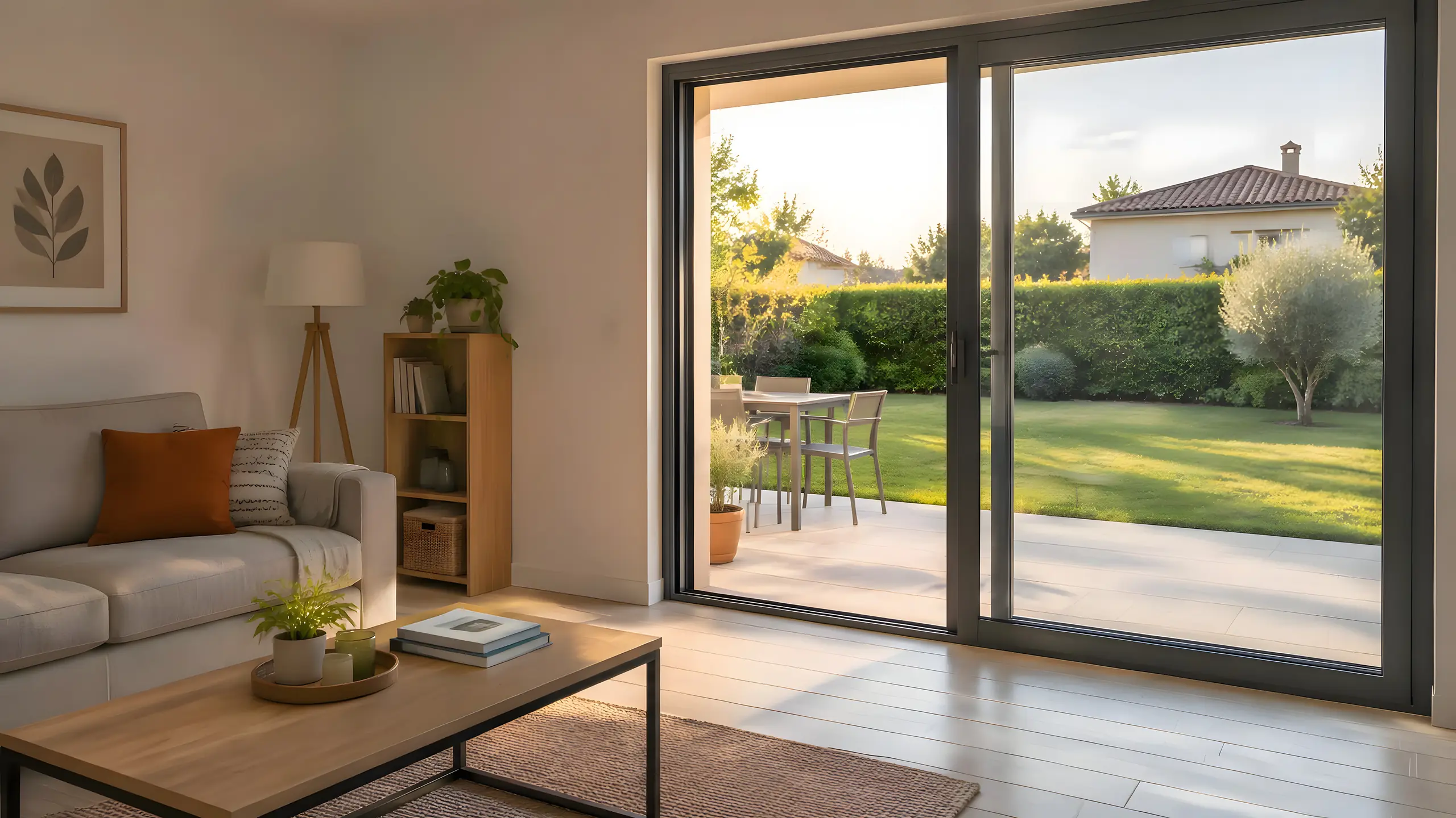 Séjour ouvert sur le jardin par une grande baie coulissante en aluminium gris anthracite