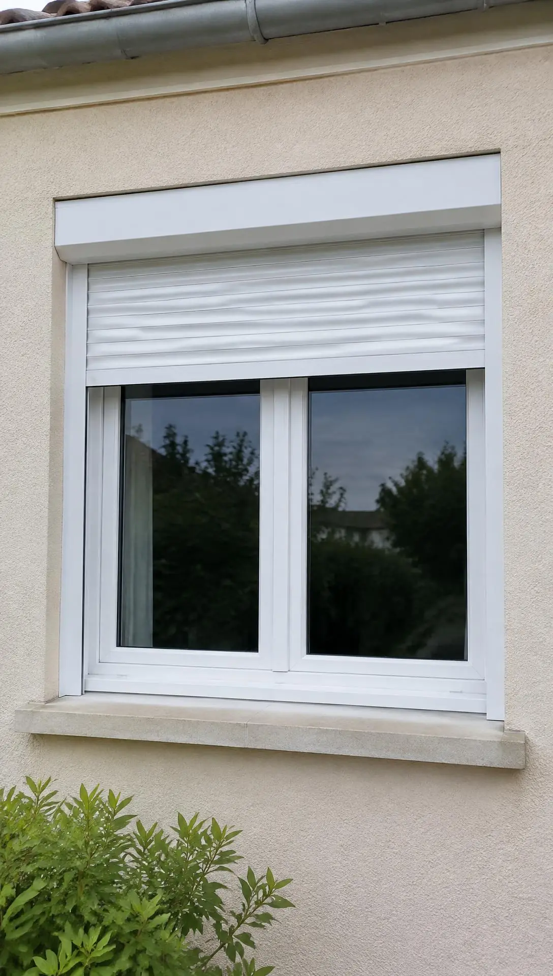 Fenêtre blanche à volet roulant sur une façade enduite claire