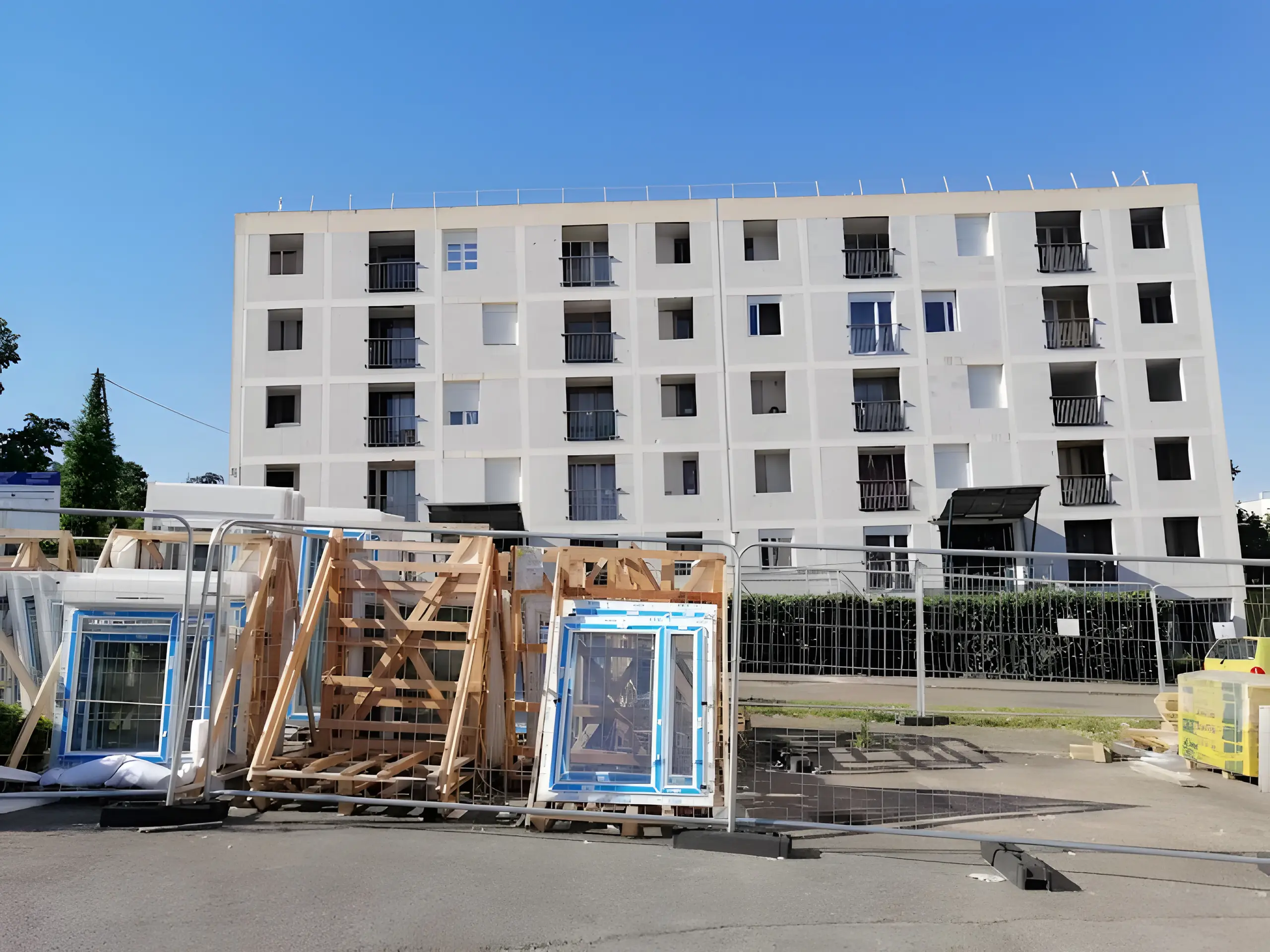 Châssis de fenêtres sur palettes devant un immeuble neuf de six étages