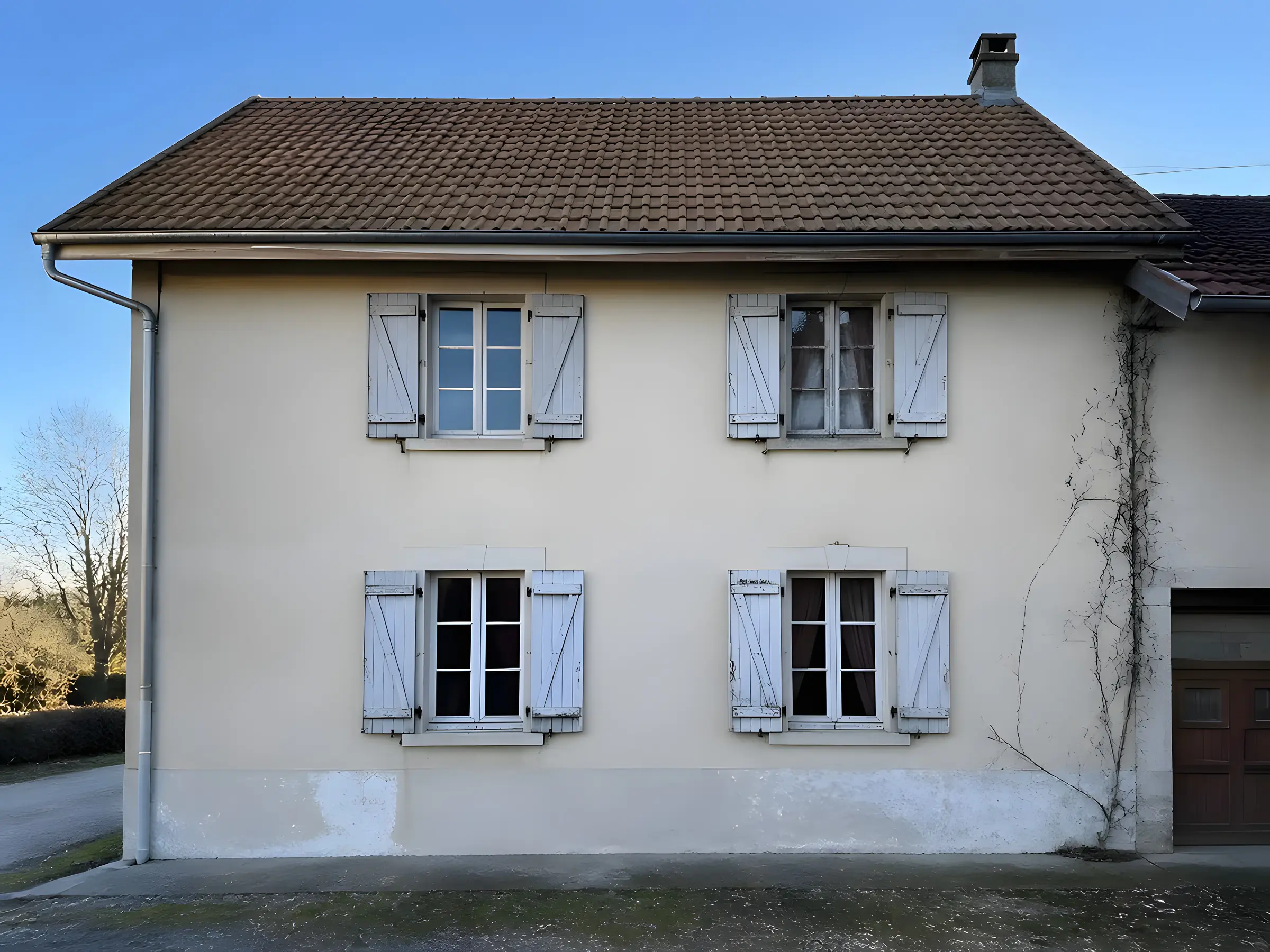 Façade de maison avec quatre fenêtres anciennes en bois et leurs volets battants gris-bleu