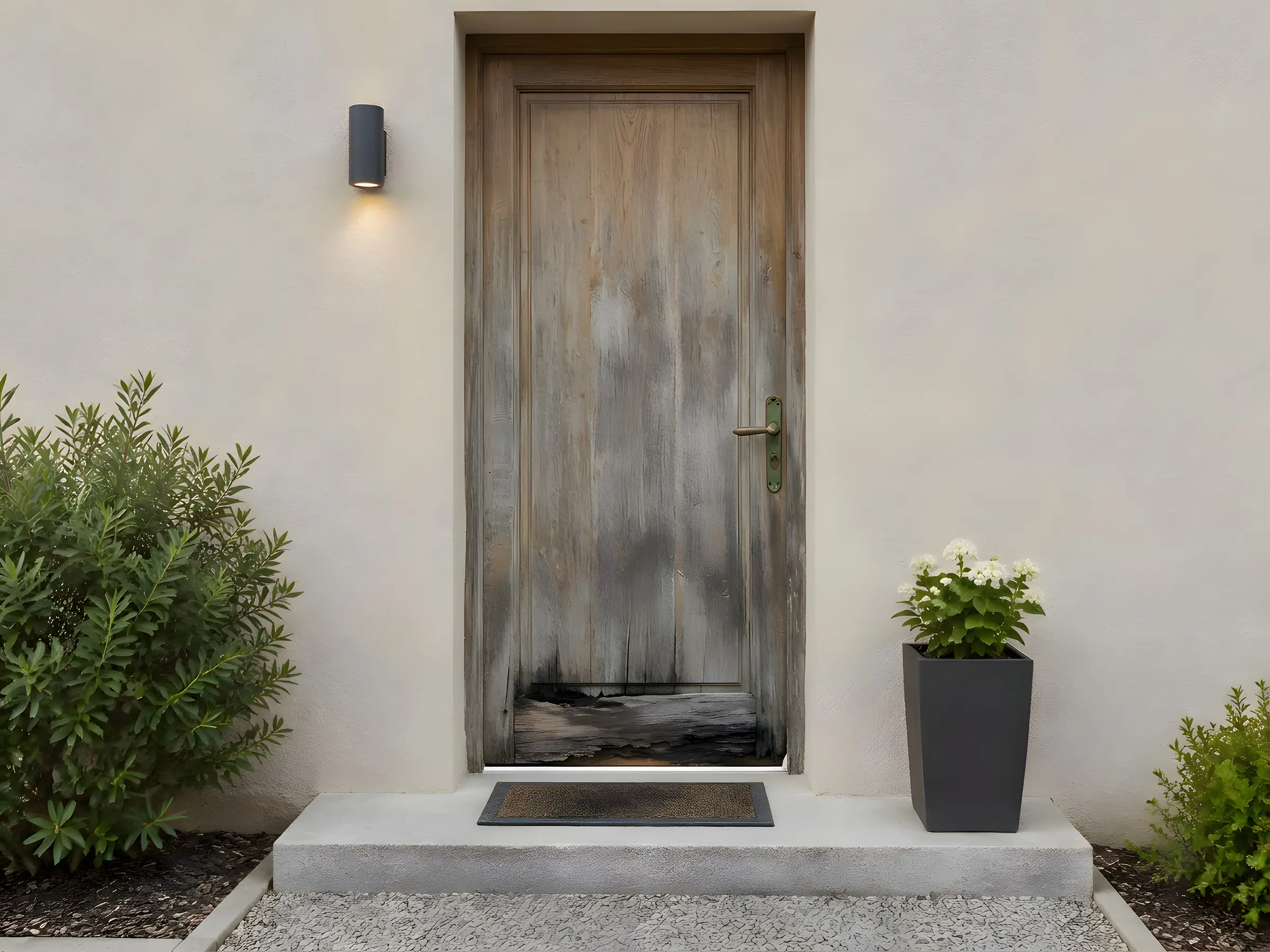 Entrée de maison avec une vieille porte en bois usée et grisée
